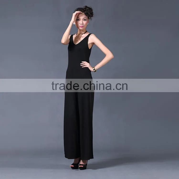 stapless women black casual V neck jumpsuit wholesale