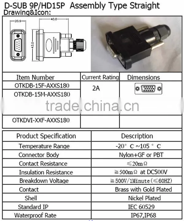 D-SUB 9P/HD15P assembly type straight Waterproof Connector