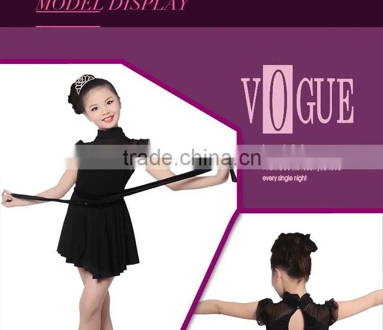 Girl Child Elegant Black Dance Skirt Suit Kids Mesh High Neck Sleeveless Latin Dance Leotard