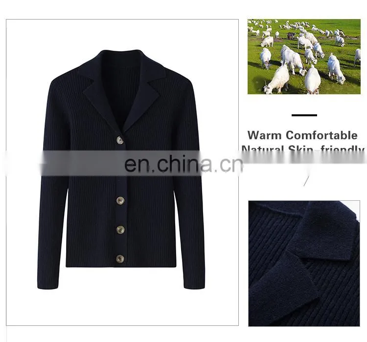 New Arrival Women's 100% Cashmere Cardigan Winter Polo Shirt with Ribbed Knitting Button Decoration Solid Pattern Formal Style