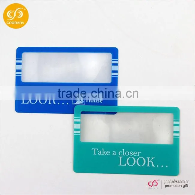 Credit card hand magnifiers glass/hand lens with calibration for promotion gift/plastic magnifying glass