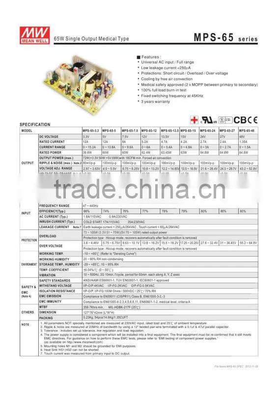 Mean well MPS-65 Series 65w Single Output Medical Type power supply