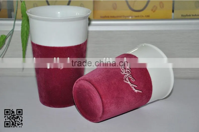 2014 new design purple color flock coffee mug with cover
