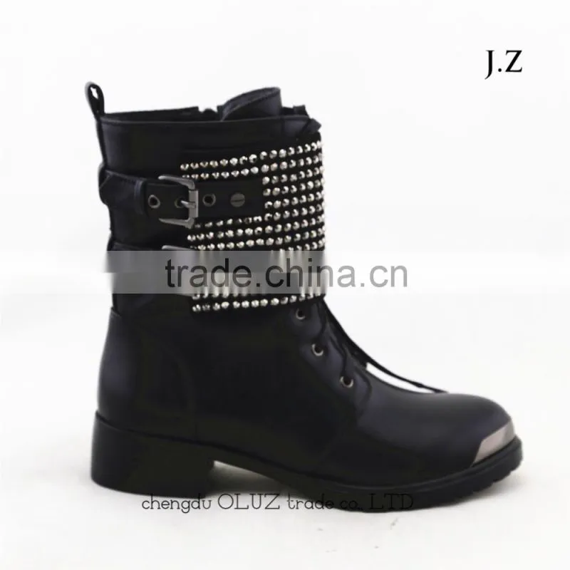 OB66 metal toe crystal fashion flat boots cheap price Korea and Japan boots with metal decor