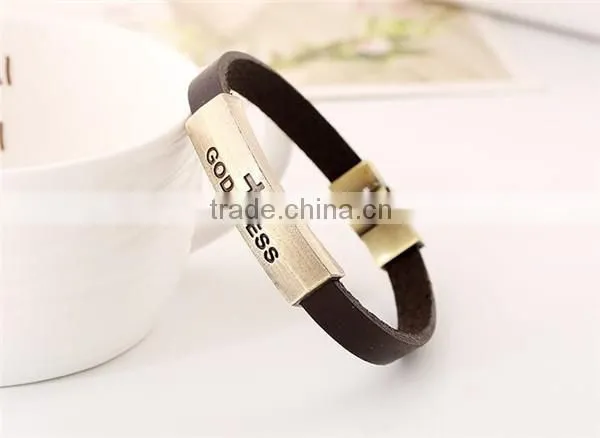 Vintage punk style god bless magnetic leather bracelet with metal plate