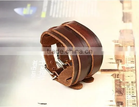 Top Quality Men's Biker Simple Stainless Steel Black Leather Bracelet