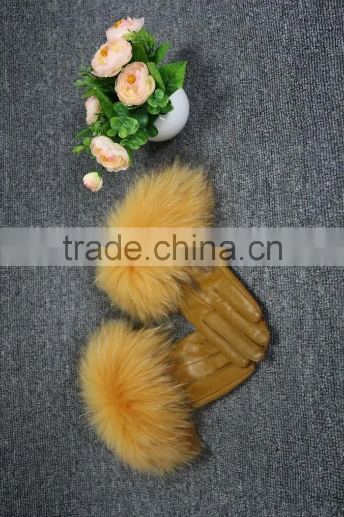 fashion sheep leather gloves women touchscreen raccoon fur cuff leather gloves