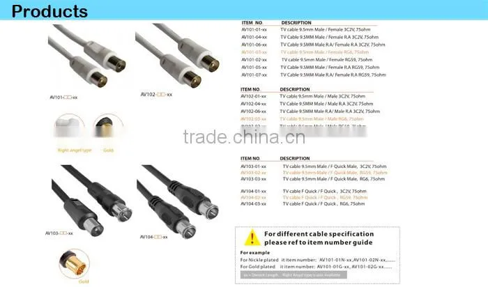 F Screw/F Screw B Pin Type TV Cable,RG6,75ohm,Gold Plated