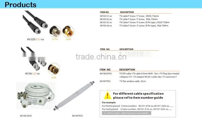 F Screw/F Screw B Pin Type TV Cable,RG6,75ohm,Gold Plated