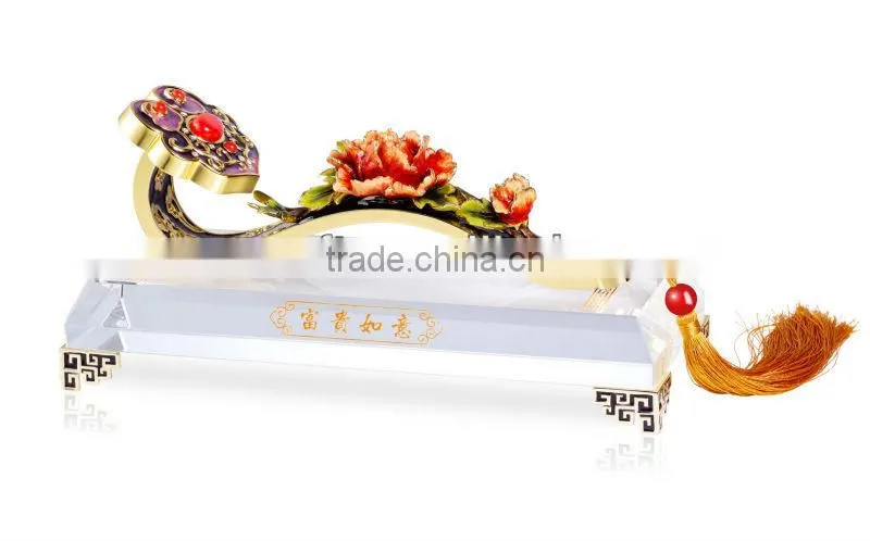 RORO Chinese Traditional Wish Ruyi peony enamel crystal glass decorative article for home decoration/gift