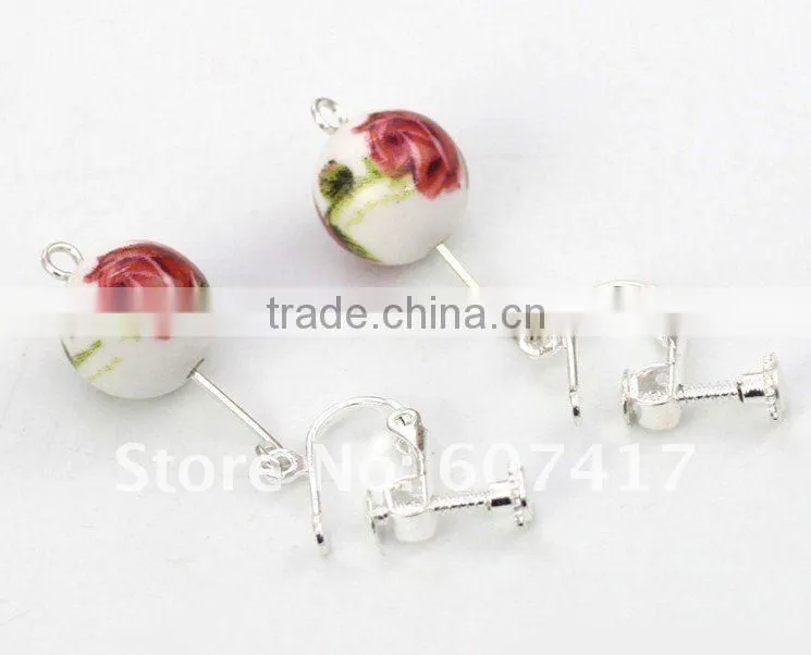blue flower printed Qinghua porcelain ball shaped drop earings with clips