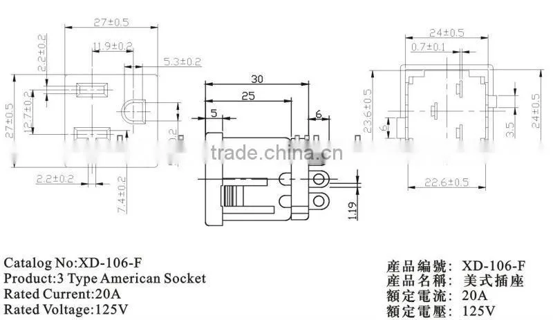 3 pins type American electrical electric socket 20A 125V female industrial socket