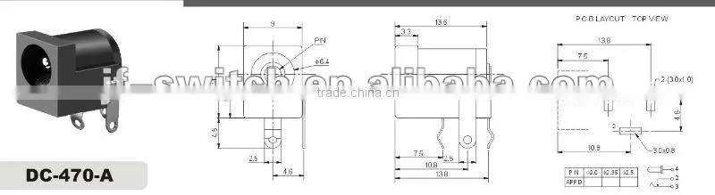 mini jack socket pcb for SMT(dc-470b),mini dc jack connector socket,female dc jack