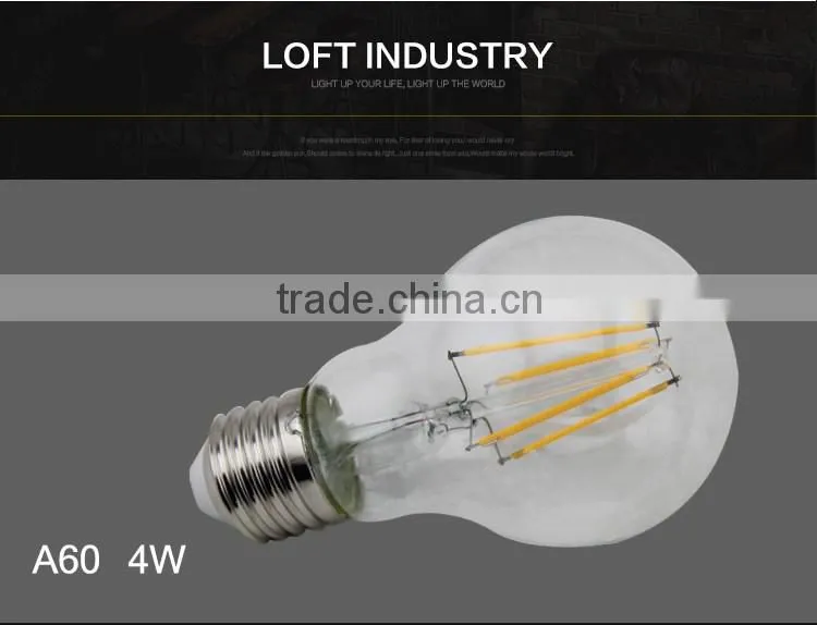 Glass Lamp Body Material E27 Base Type A60 6W Led Filament Bulb