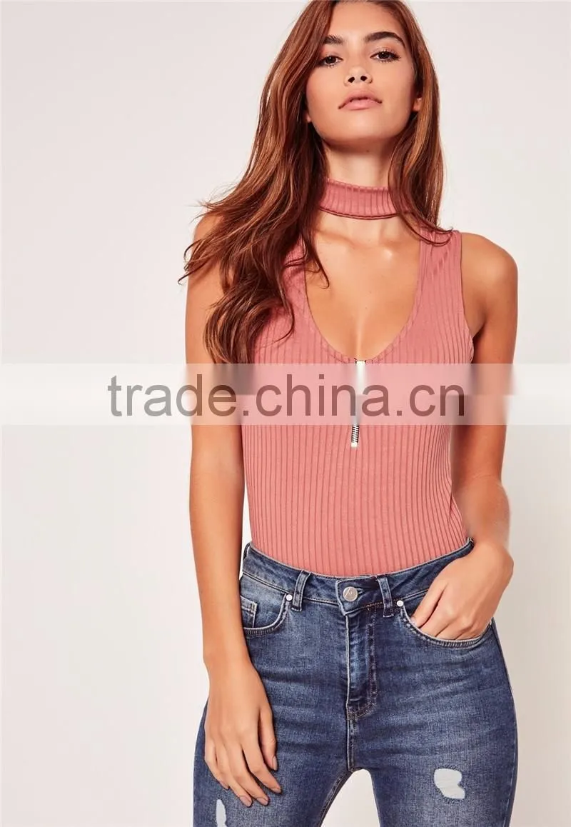 Pink Cut Out Mock Neck Zipper infront Sleeveless Bodysuit Cotton Blends Sexy Scoop Neck Sweater