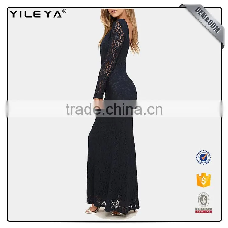 Guangzhou factory offer long sleeve sexy black elegant women's crochet lace dress 2017 designs ,women lace long evening dress