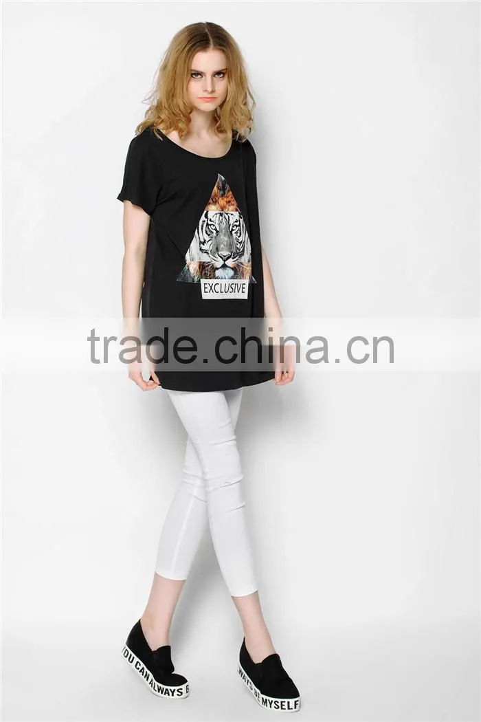 latest summer fashion long style tiger pattern print women t shirts cheap, cotton t shirts with transparent back