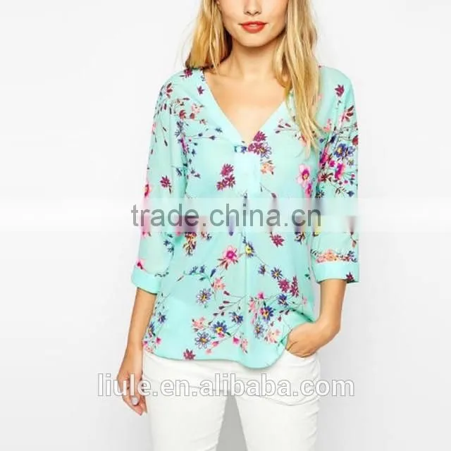 New Design Chiffon Blouses medium Sleeve V-Neck Blouse Elegant Casual Loose Shirt