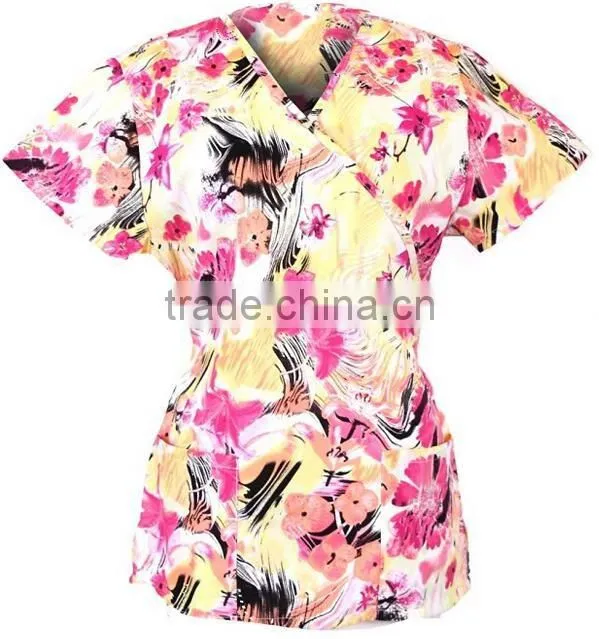 Top Selling Mock Wrap Women Medical Scrubs Wholesale Knit Panel Top