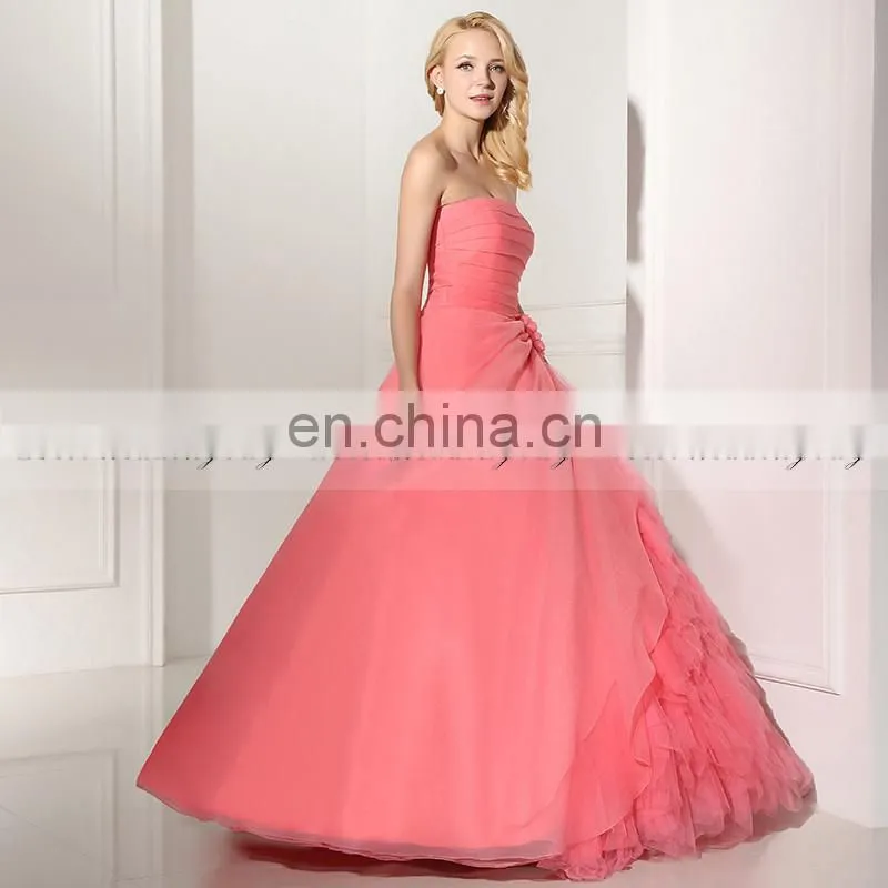Gorgeous Strapless Sleeveless Lace-Up Organza Ruffles Coral Color Ball Gown Prom Dresses SD364