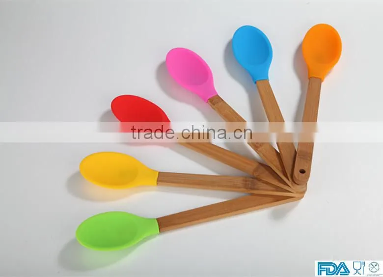 Colorful big size kitchen silicone spoon with wooden handle in FDA LFGB standard
