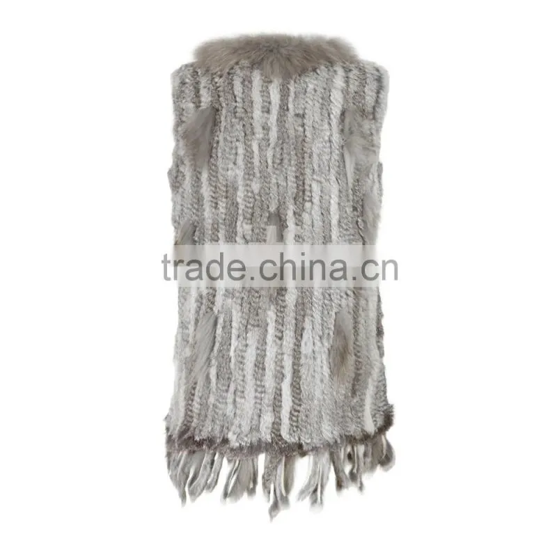 QDMJ006 Lady Clothes Long Knit Rabbit Fur Vest With Raccoon Dog Fur Collar For Women Clothing