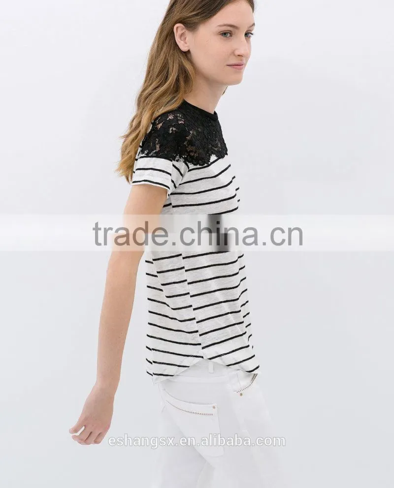 Ladies striped linen with lace fancy t-shirts
