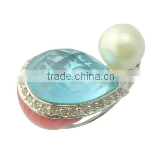 2014 fashion pearl and glass plating rhodium silver ring