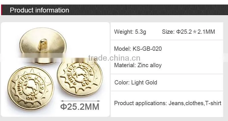 Gold Embossed Logo Custom Metal Sewing Button
