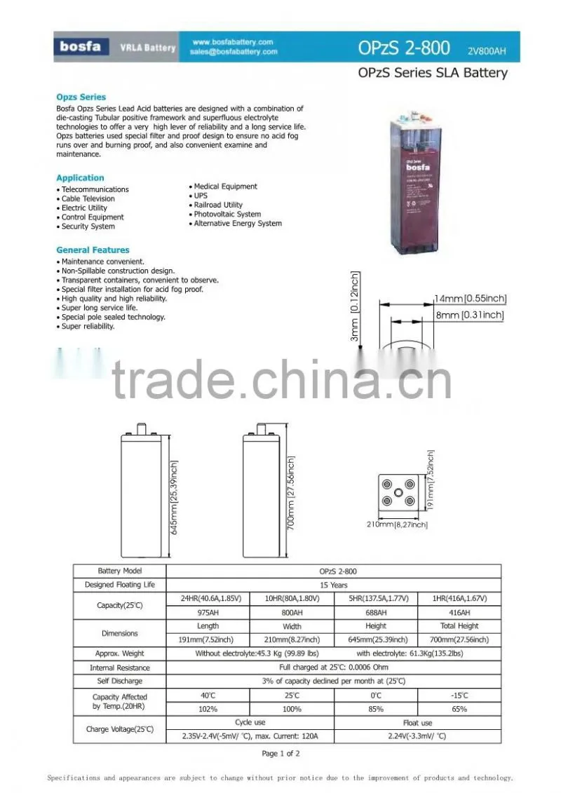 OPzS tubular plate 2v800ah storage battery battery for 20kw battery