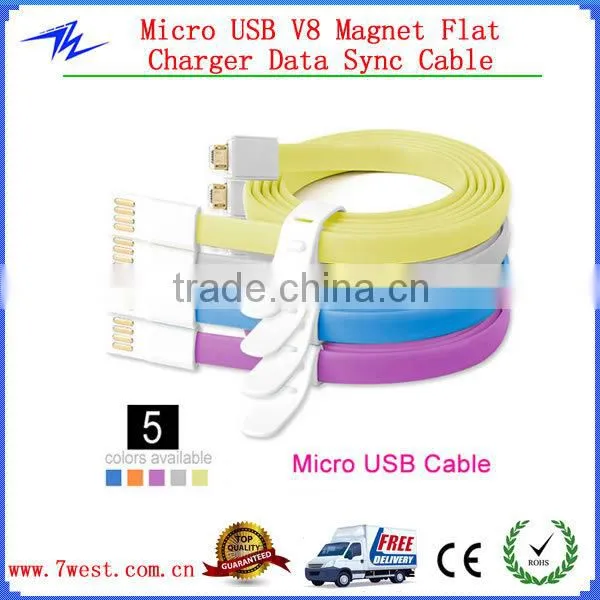 Newest Colorful Noodle Flat Magnet Micro USB Cable Charger Data Sync Cable for iPhone4/iPhone 5/Andriod smartphone