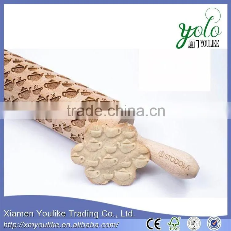 eco-friendly bamboo rolling pin with engraved tea pot pattern