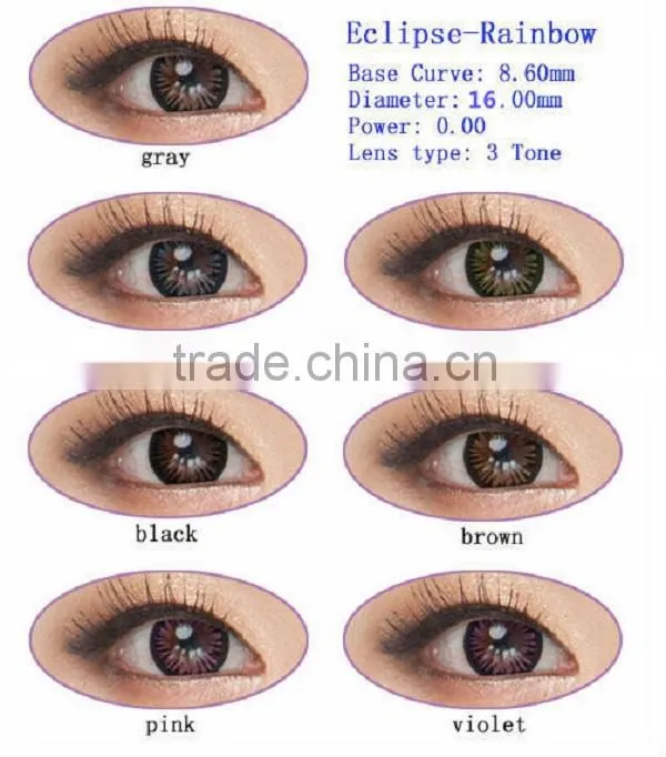 Eclipse raibow tri color contact lens/colored toric contact lens/big black contact lenses