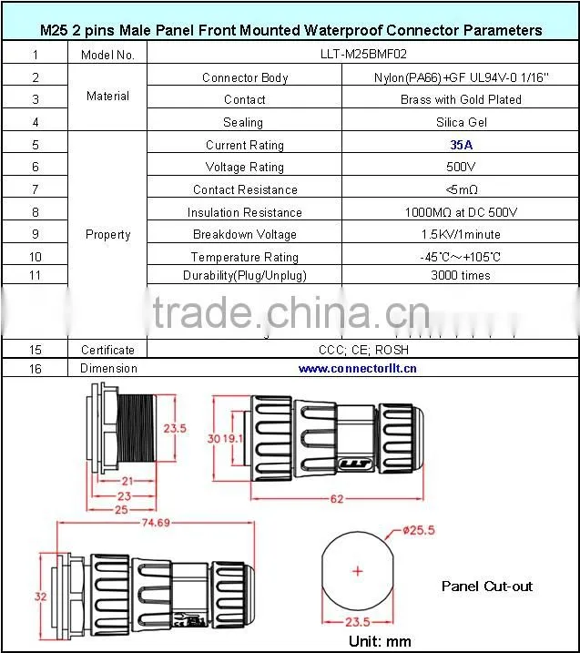 Male 2 pin receptacle with Female connector waterproof cable connector