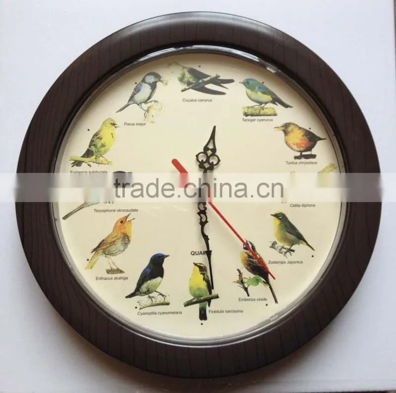 8 inch round brown wood bird wall clock