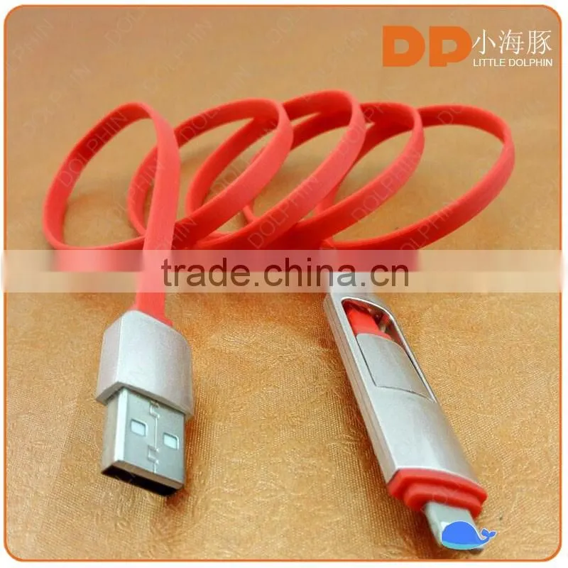 Hotsale data charging and sync 2 in 1 usb cable flat usb cable for iphone 4s 5 5s 6 6plus and samsung
