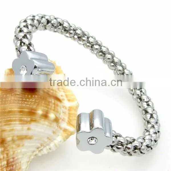 Trendy Women Two Tone Stainless Steel Cuff Bracelet Crystal Flower Bangle Jewelry