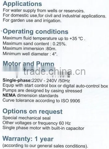 CE certified electric centrifugal submersible water pumps 4SD 4