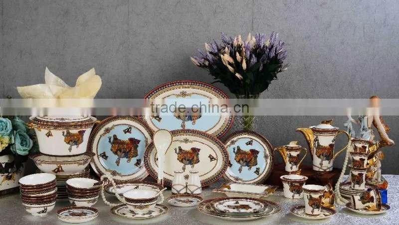 Exquisite bridge piece pattern design 69pcs ceramic dinnerware set for six