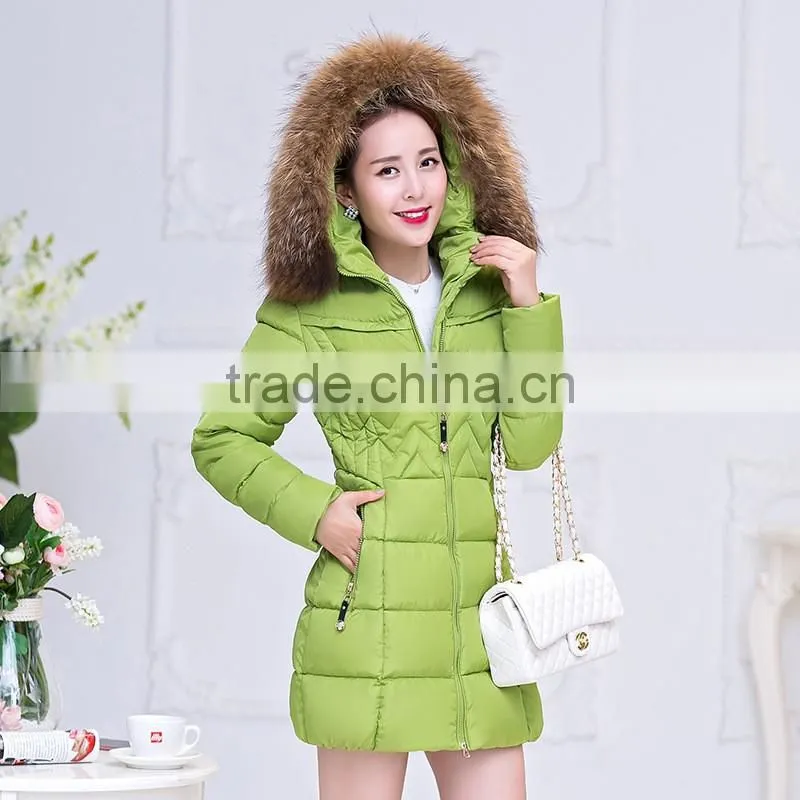 OEM Wholesale Winter Women Thicken Cotton Fur Collar Hooded Down Long Parka Jacket Coat