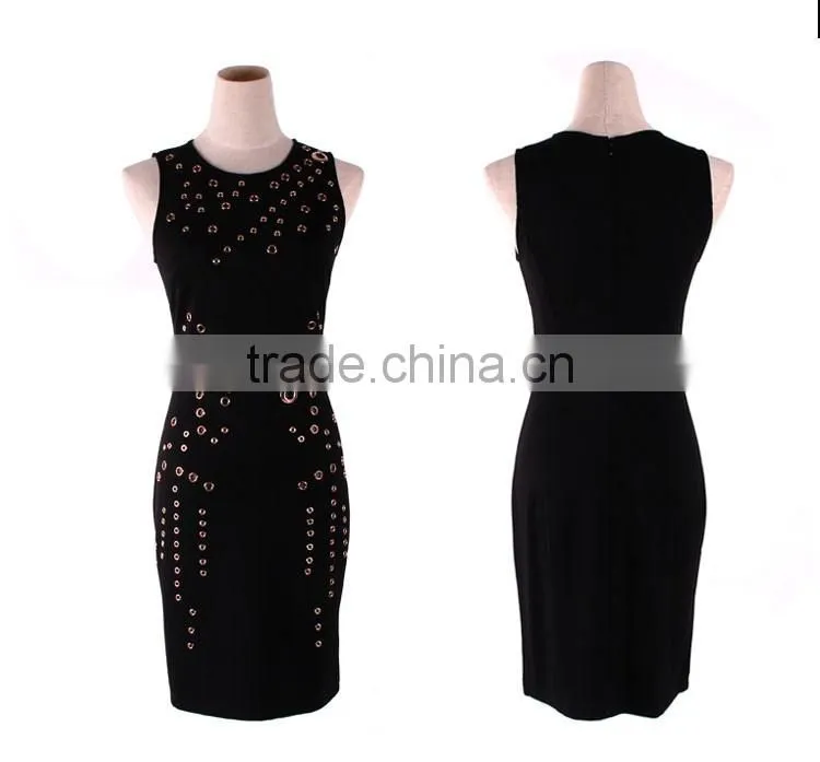 Maxnegio guangzhou clothing manufacturer vfemage with gold eyelet ladies casual dress