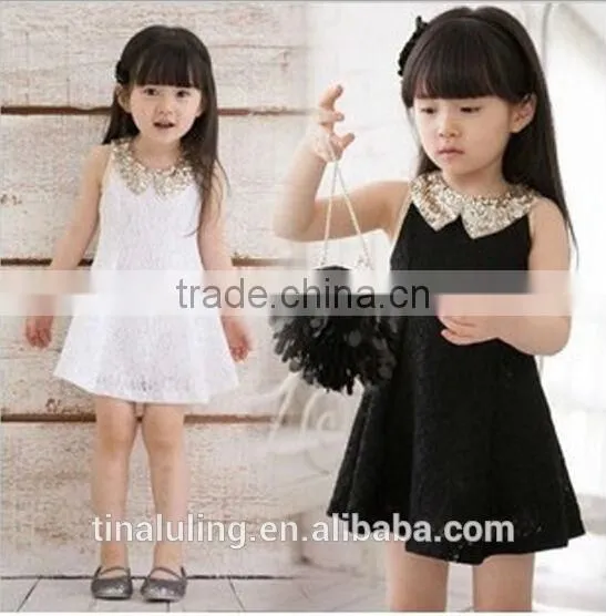 fashion new summer girls dresses kids sequin collar lace dress 2 colors baby dress kids clothes