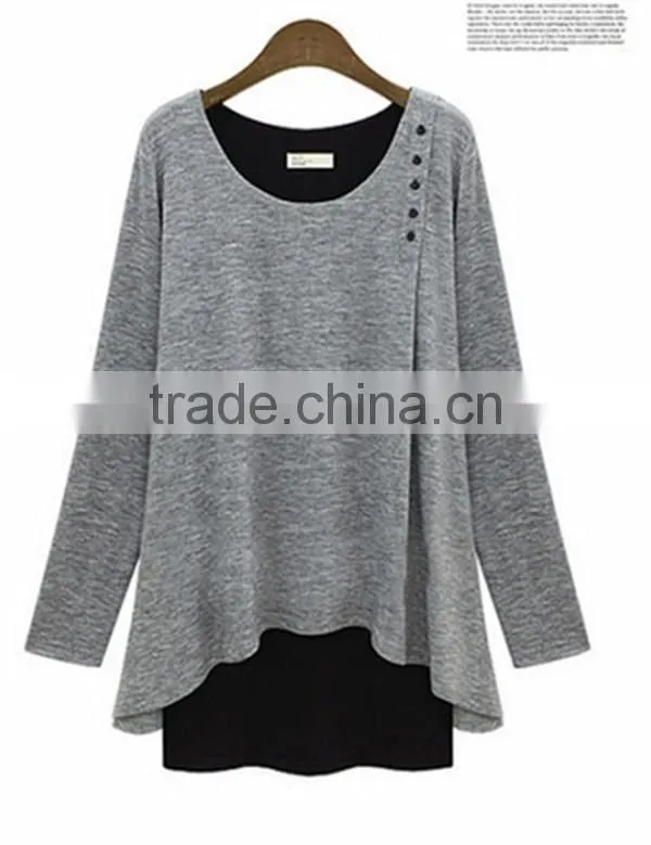 New design irregular two color fake two pcs long sleeve women wear loose T shirt water fall