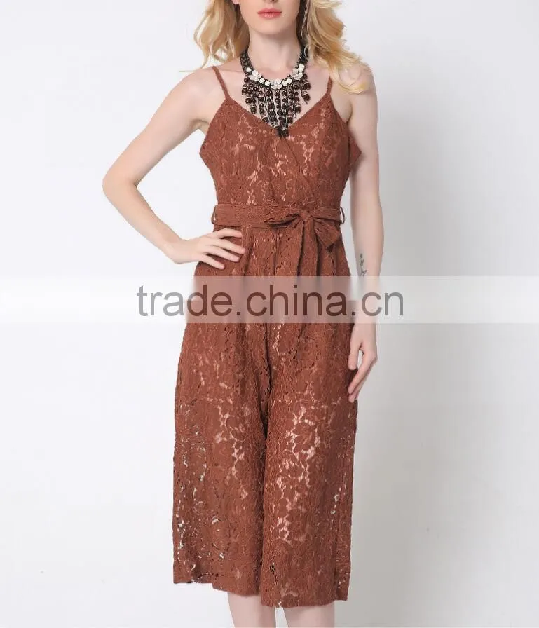 M783 D.Y fashion 2016 women gallus lace v-neck bowknot jumpsuit pants
