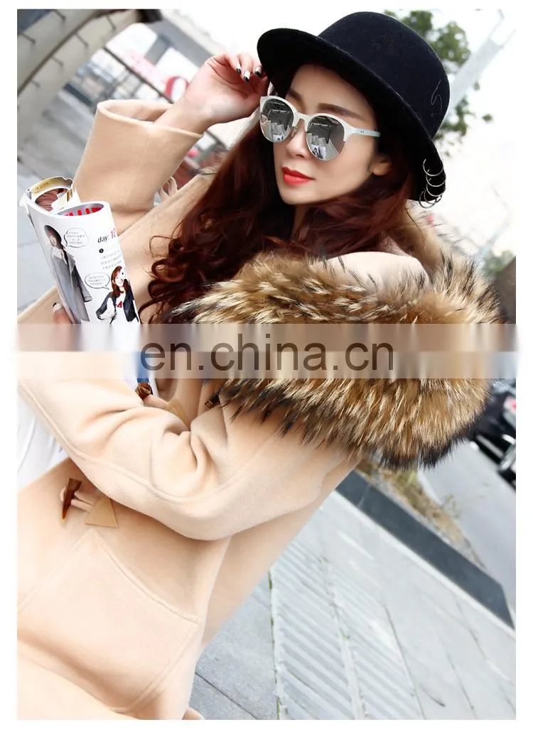 Fashion Hot Women Winter Raccoon Fur Short Hooded Korean Cashmere Wool Coat