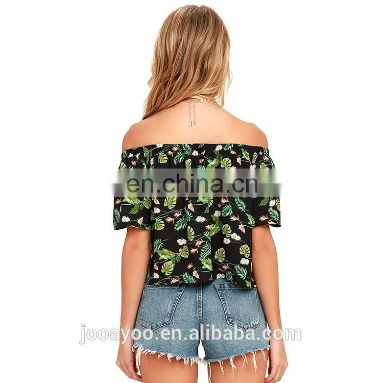 New Fashion Ruffle Floral Print Off The Shoulder Short Sleeves Chiffon Top Latest Long Tops Designs Girls
