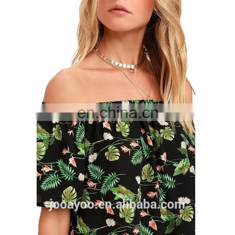 New Fashion Ruffle Floral Print Off The Shoulder Short Sleeves Chiffon Top Latest Long Tops Designs Girls