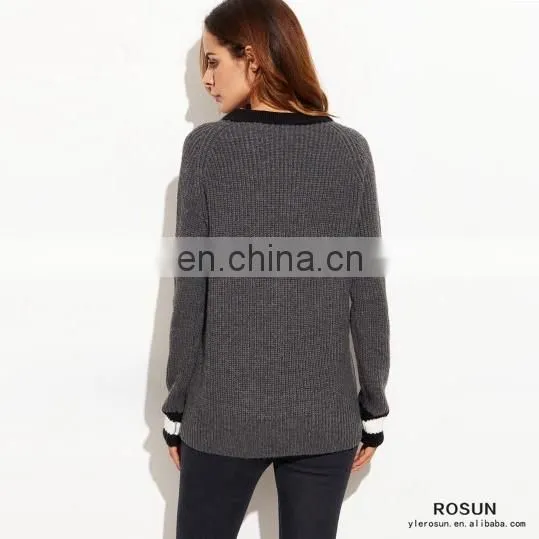 Grey Striped Trim Deep V Neck Knitted Sweater