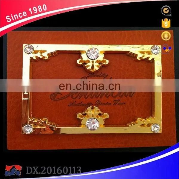 Fashion Jeans Label, Denim Leather Label with Rhinestones, PU Label with Metal