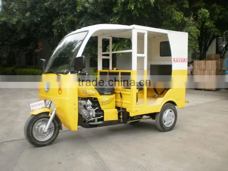Guangzhou electric/ kick start three wheel passenger tricycle/ cart with hard covered